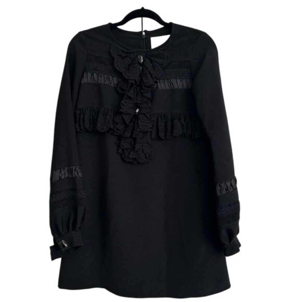 KARTA Black Ruffle Lace Trim Bib Long Sleeve Mini Dress S Goth Prairie Coquette
